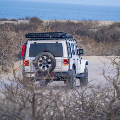  Jeep Wrangler driving on a sandy trail surrounded by desert vegetation near the coast in Baja, perfect for off-road adventures.