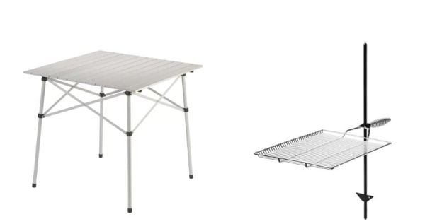 Mesa plegable y parrilla portátil, ejemplos de objetos de camping.